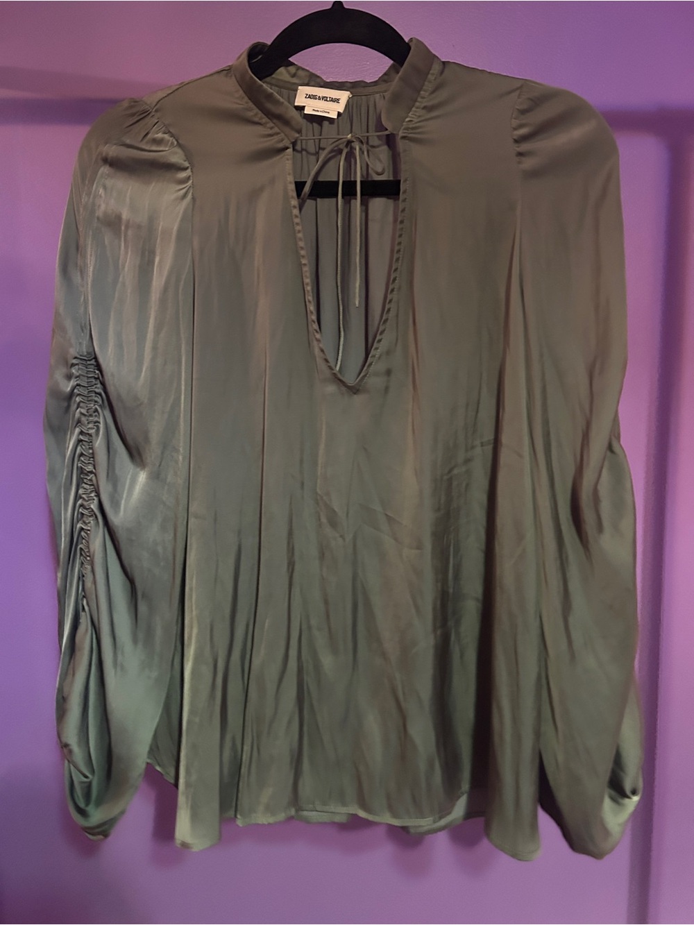 Zadig & Voltaire Olive Green Satin Blouse with Tie Neck
